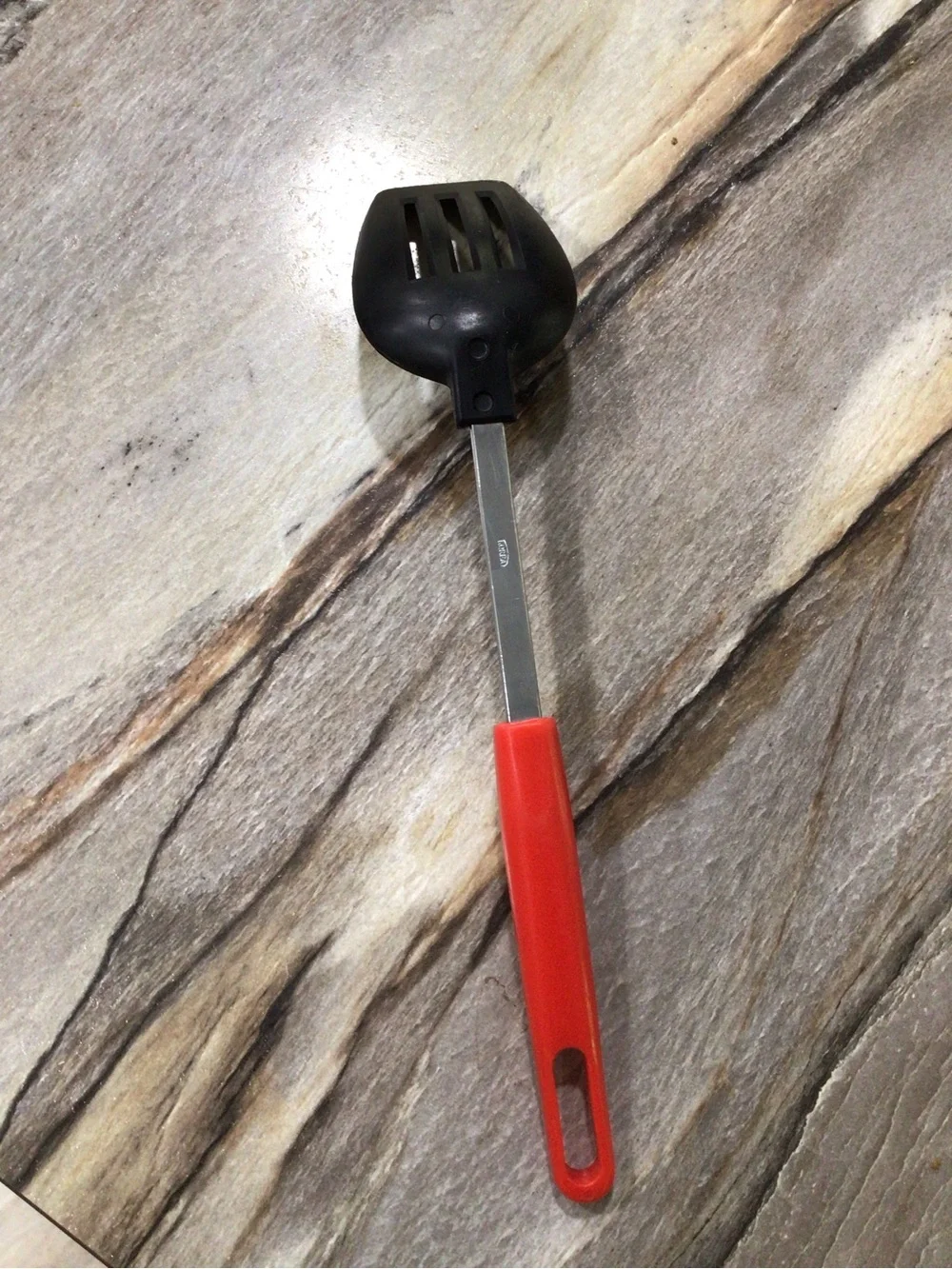 Vintage Korea Slotted Serving Spoon Nylon Head Red Handle Stainless Shaft 11”
